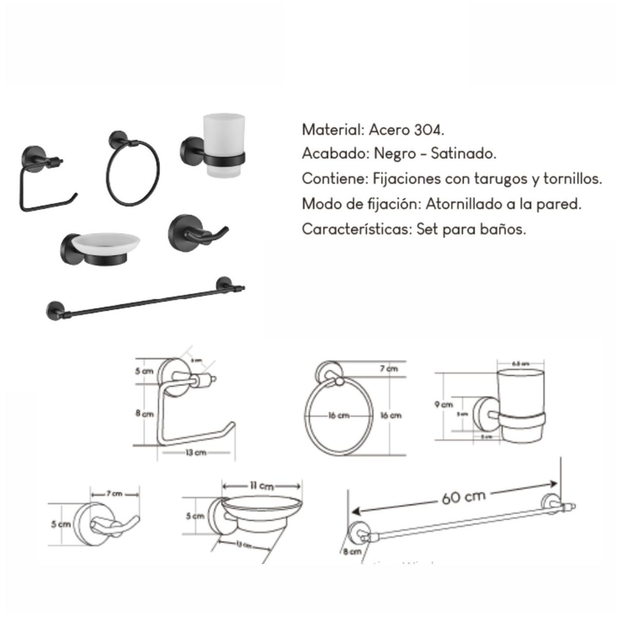 GENERICO - Acesorios para Baño Kit 6 Piezas Negro 72201