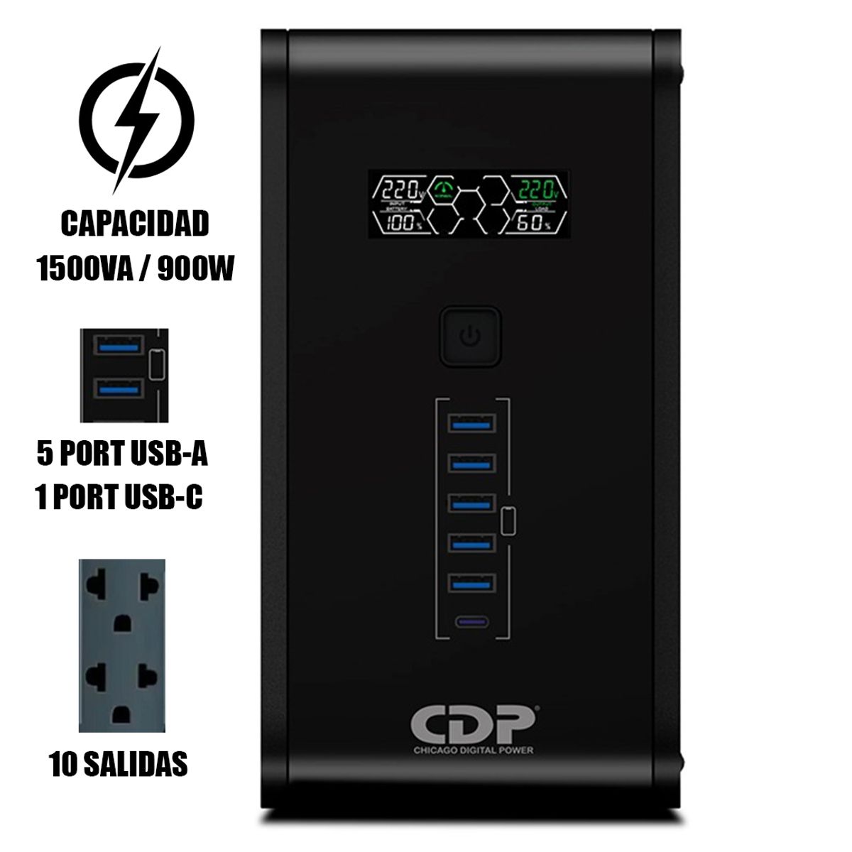 CDP - UPS CDP R-SMART 1510I 1500VA 900W 10 SALIDAS 5 PORT USB-A 1 PORT USB-C