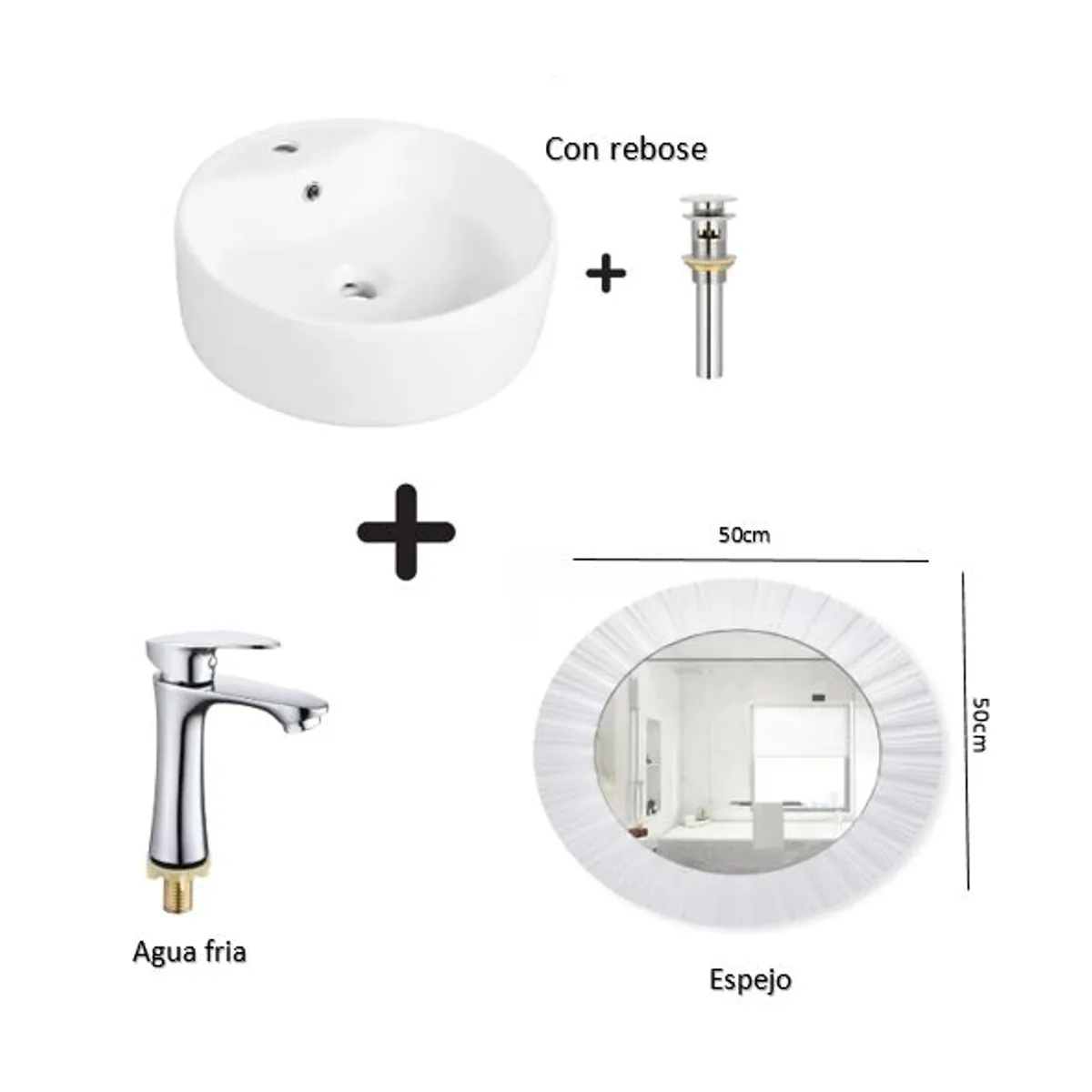 GENERICO - COMBO DE LAVATORIO REDONDO MAS GRIFERIA AGUA FRIA  DESAGUE ESPEJO