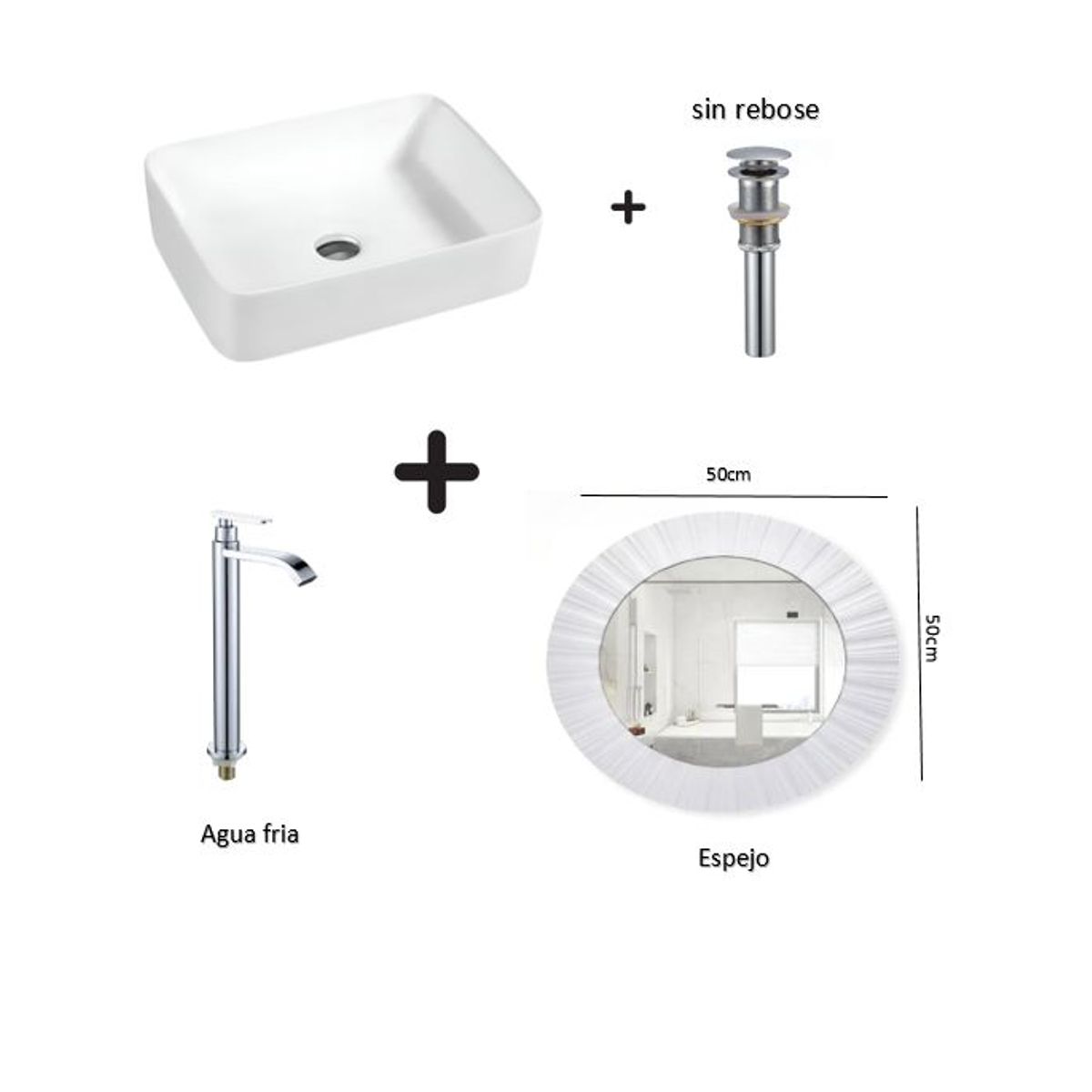 IMPORTADO MC - COMBO DE LAVATORIO RECTANGULAR MAS GRIFERIA AGUA FRIA  DESAGUE ESPEJO