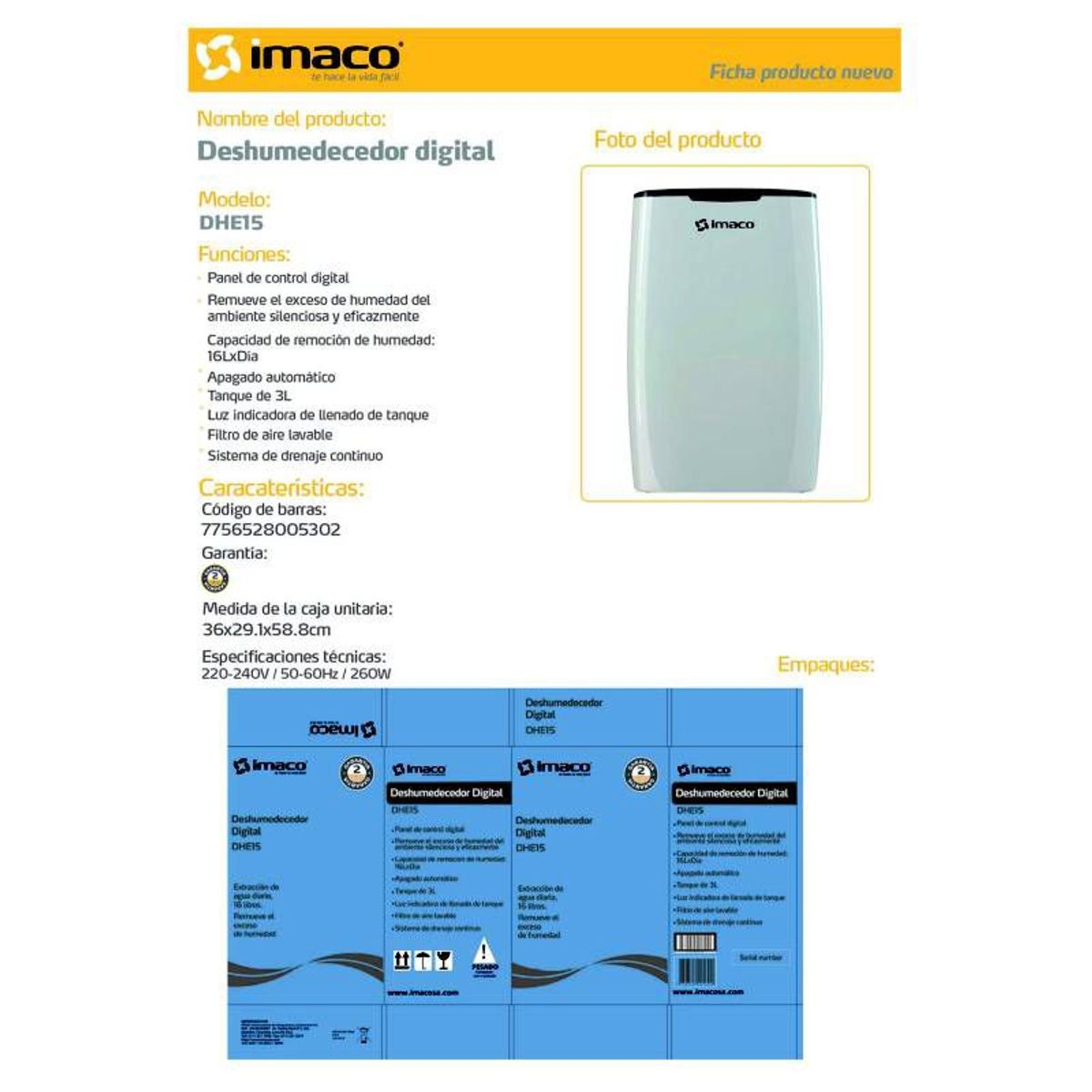IMACO - Deshumedecedor Panel Digital 260W Imaco – DHE 15