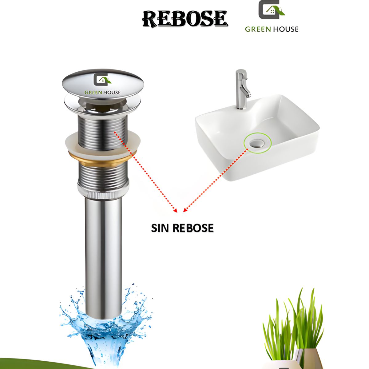 GREEN HOUSE - DESAGUE CROMADO OVALIN PUSH BUTTON SIN REBOSE