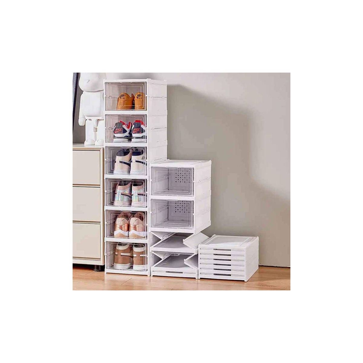 GENERICO - Caja de zapatos plegable 3 niveles / Zapatera Blanca con Amarillo