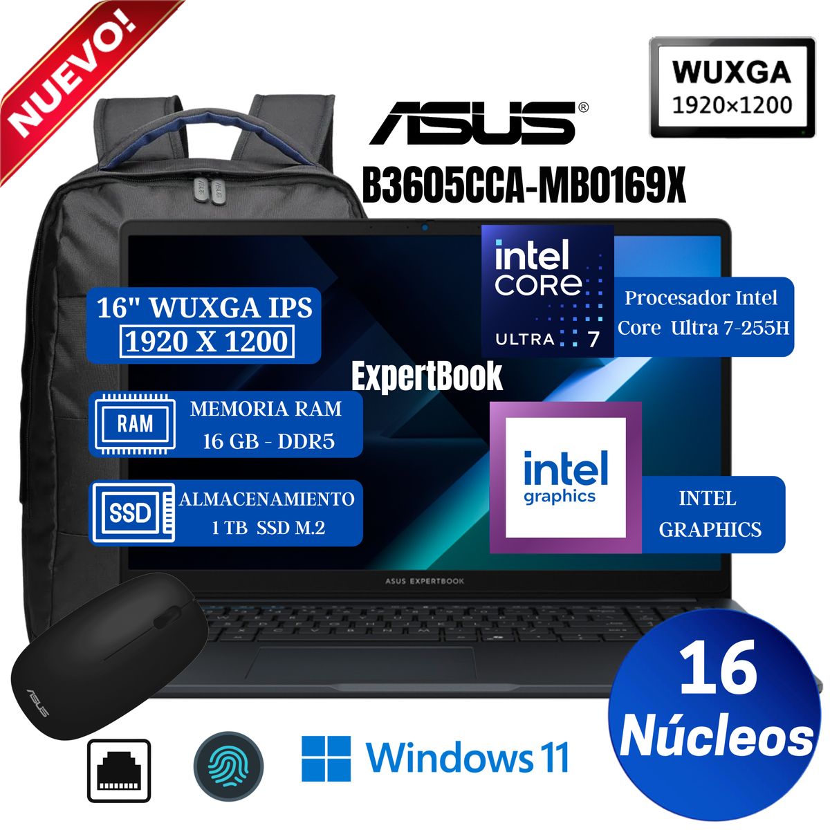 ASUS - laptop Asus ExpertBook B3605CCA-MB0169X 16" WUXGA, Core Ultra 7-255H ,Ram 16GB, SSD 1TB, Win 11 Pro