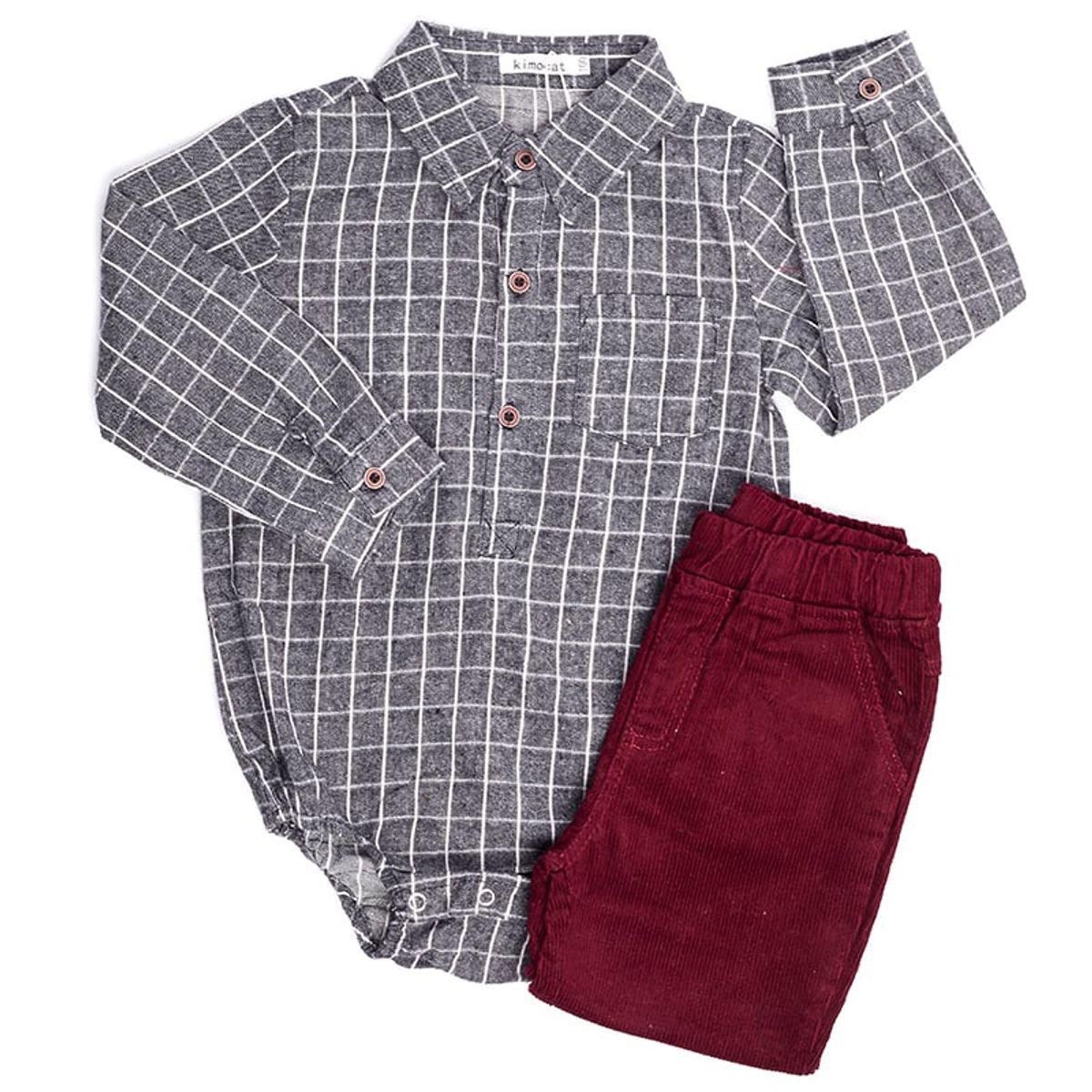 GENERICO - Conjunto para Niño Camisa Gris a Cuadros y Pantalón Guinda
