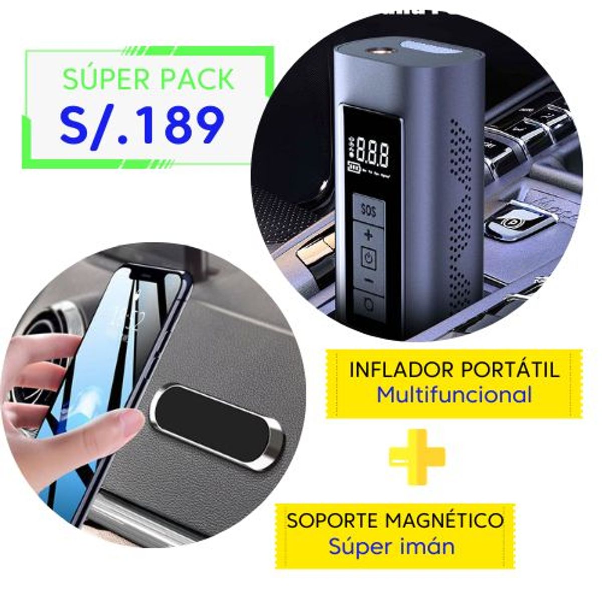 IMPORTADO MC - PACK INFLADOR PORTATIL PARA LLANTA DE CARRO MÁS SOPORTE
