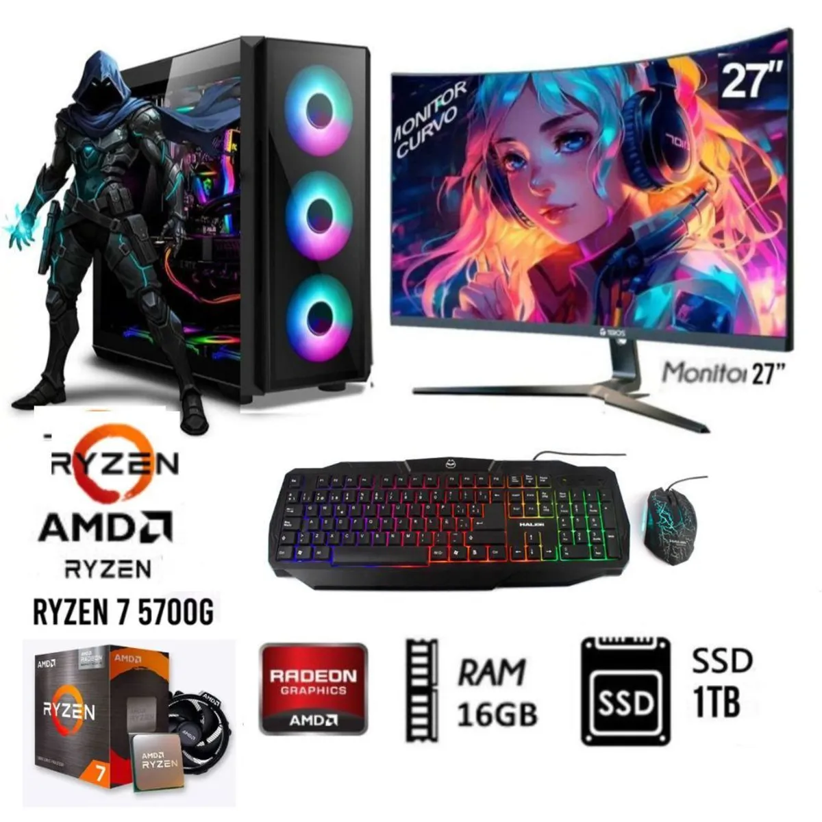 AMD - Computadora PC GAMER RYZEN 7-5700G  Ram 16GB  Disco SSD 1TB  Monitor 27" FULL HD