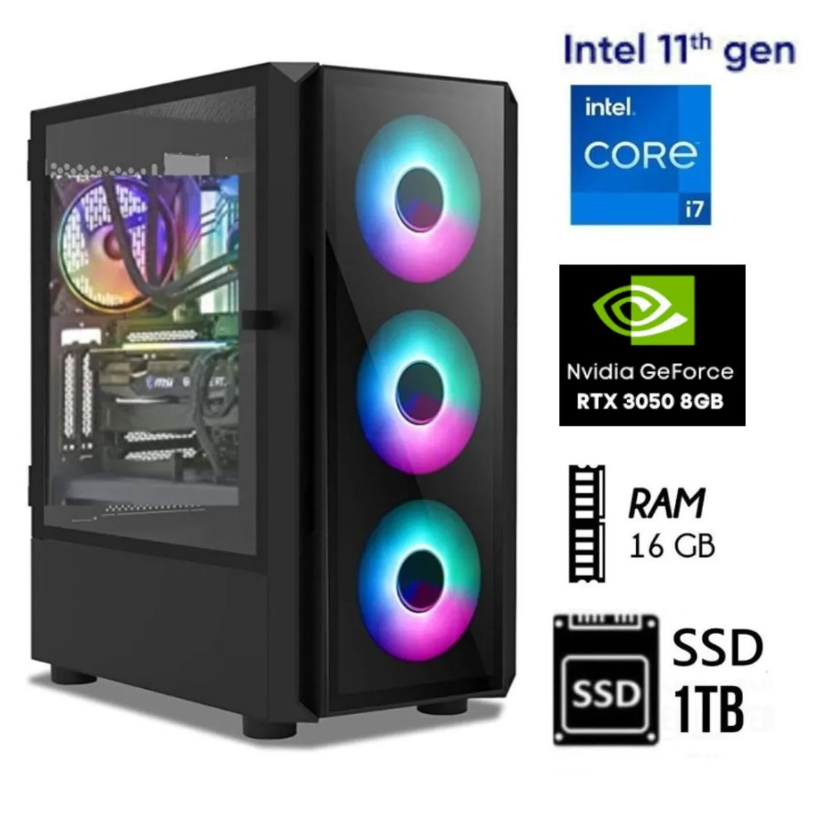 INTEL - Computadora PC Gamer Core i7-11TH Ram 16GB DISCO SSD 1TB VIDEO RTX 3050 8GB