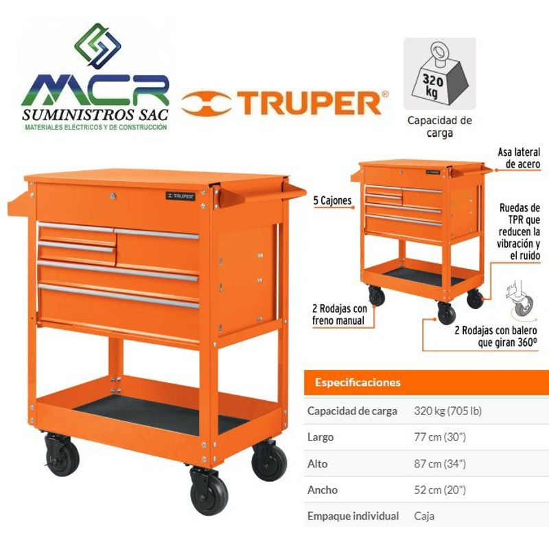GENERICO - Gabinete metálico móvil 5 cajones capacidad 320 kg Truper
