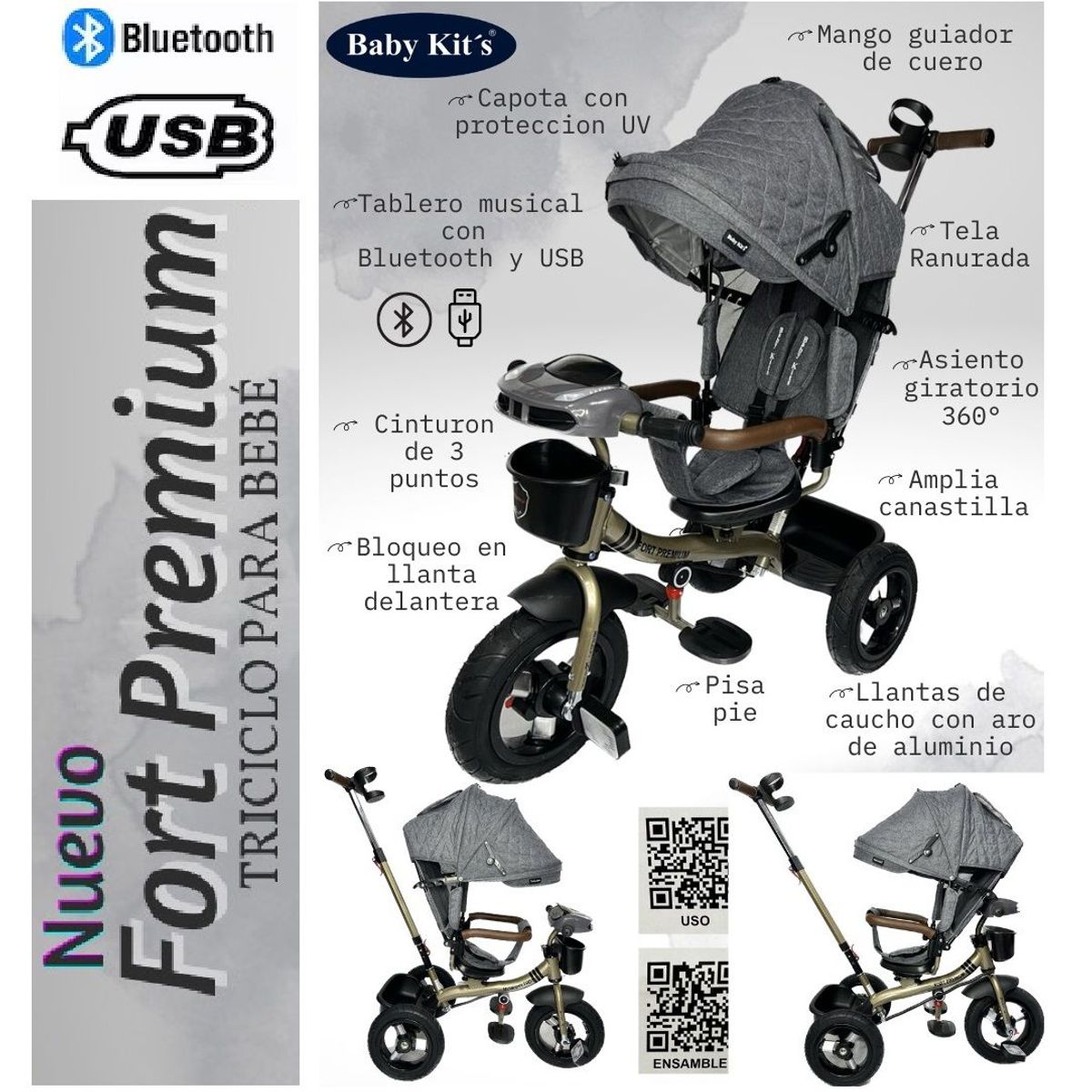 BABY KITS - Triciclo Guiador Reclinable y Giratorio USB Bluetooth