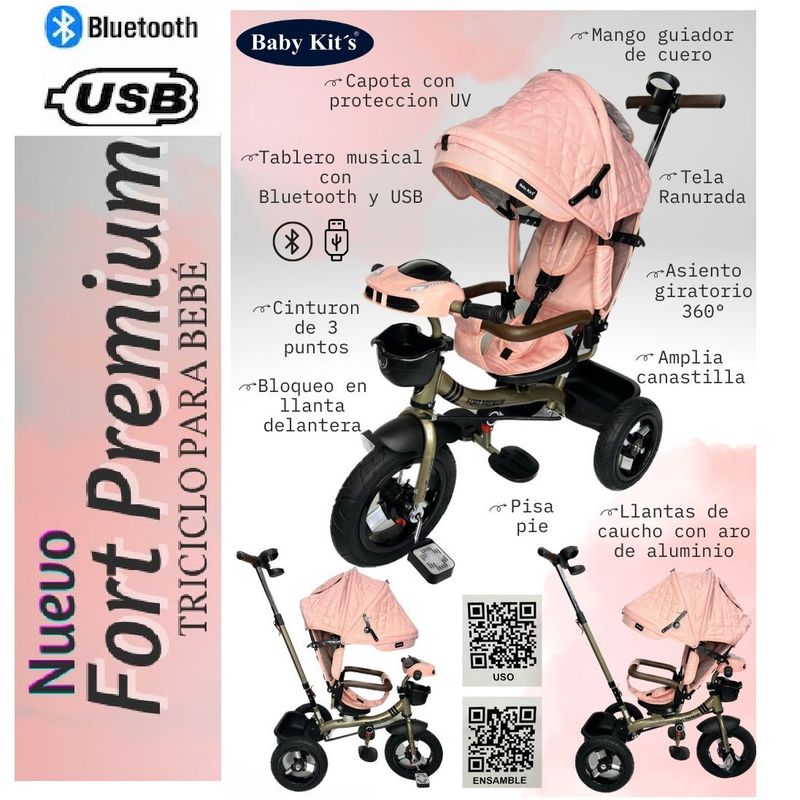 BABY KITS - Triciclo Guiador Reclinable y Giratorio USB Bluetooth