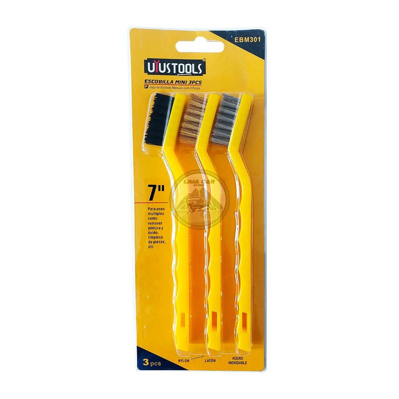 UYUSTOOLS - Set 3 Mini cepillos de alambre Nylon Acero Latón Uyustools