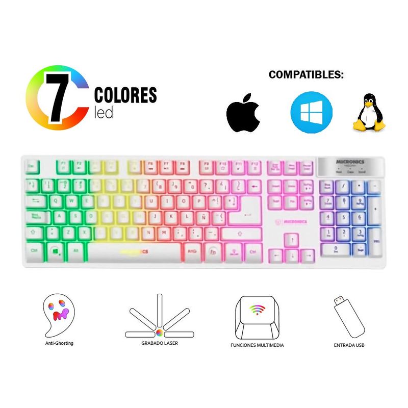 MICRONICS - Teclado Gamer Micronics Neon Mic 709w Blanco
