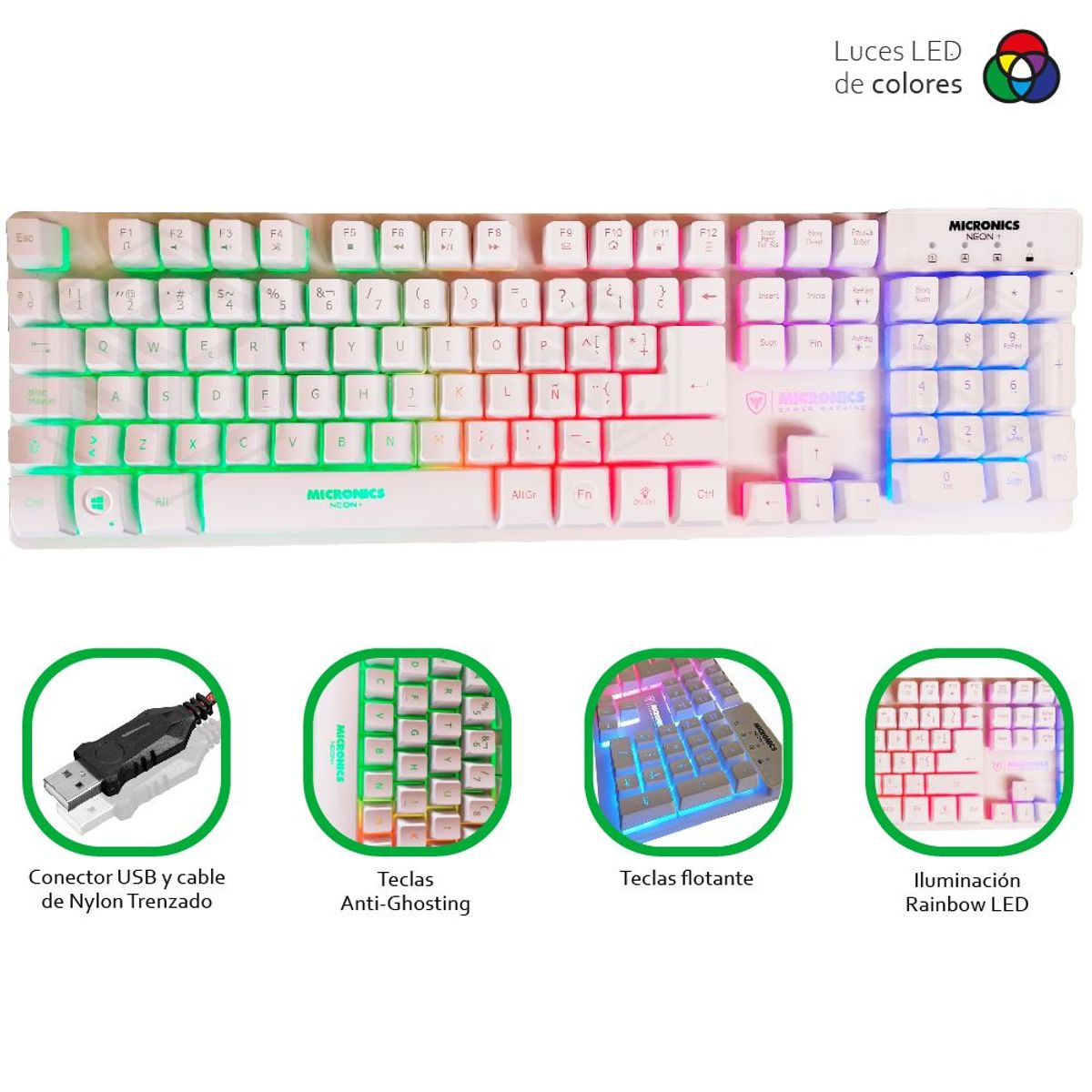 MICRONICS - Teclado Gamer Micronics Neon Mic 709w Blanco