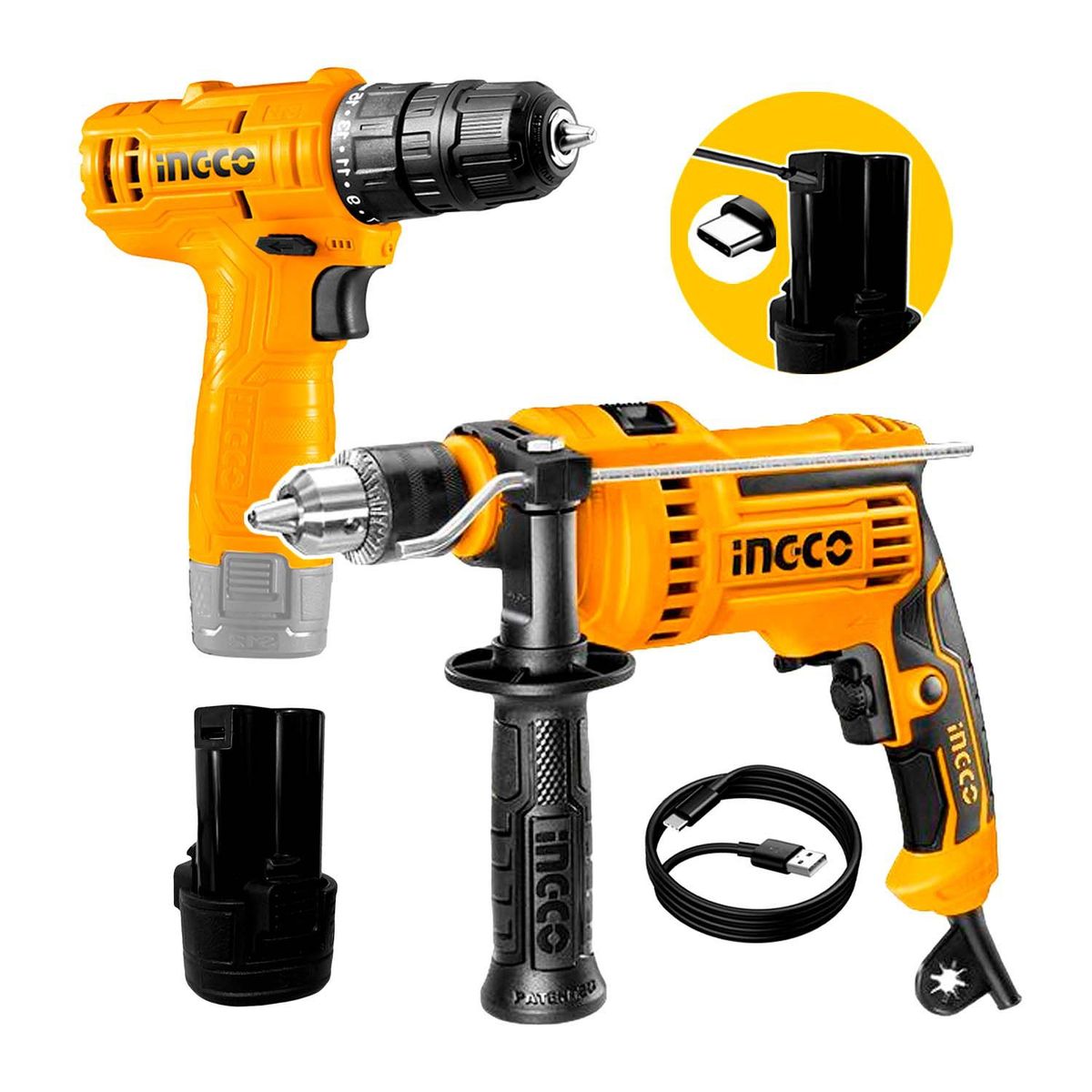 INGCO TOOLS - Taladro Percutor Eléctrico  12v Inalámbrico Carga Usb Ingco