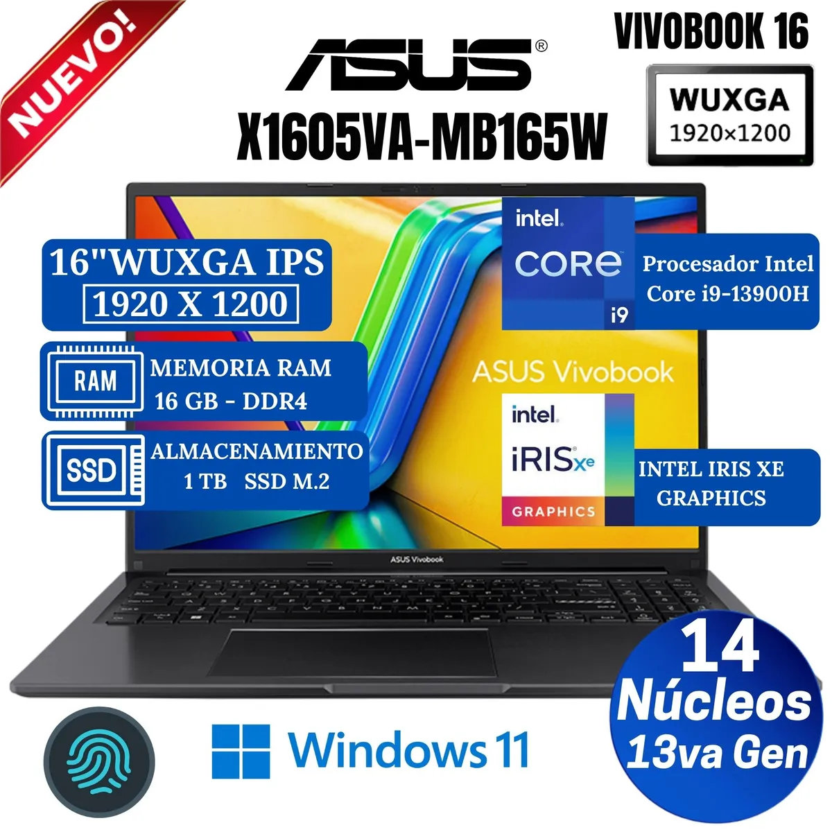 ASUS - Laptop ASUS Vivobook X1605VA-MB165W 16" WUXGA IPS, Core i9-13900H, Ram 16GB, SSD 1 TB, Win 11 Home