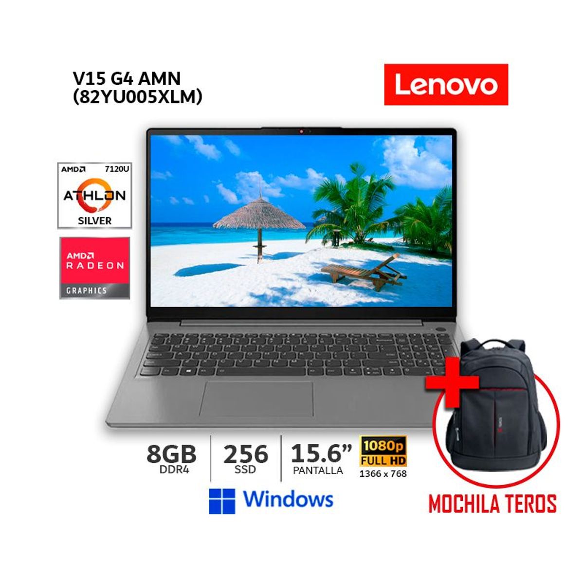 LENOVO - Laptop Lenovo Athlon Silver 7120U 8GB RAM 256GB SSD 156 FHD WIND 82YU00X5LM + Mochila Teros