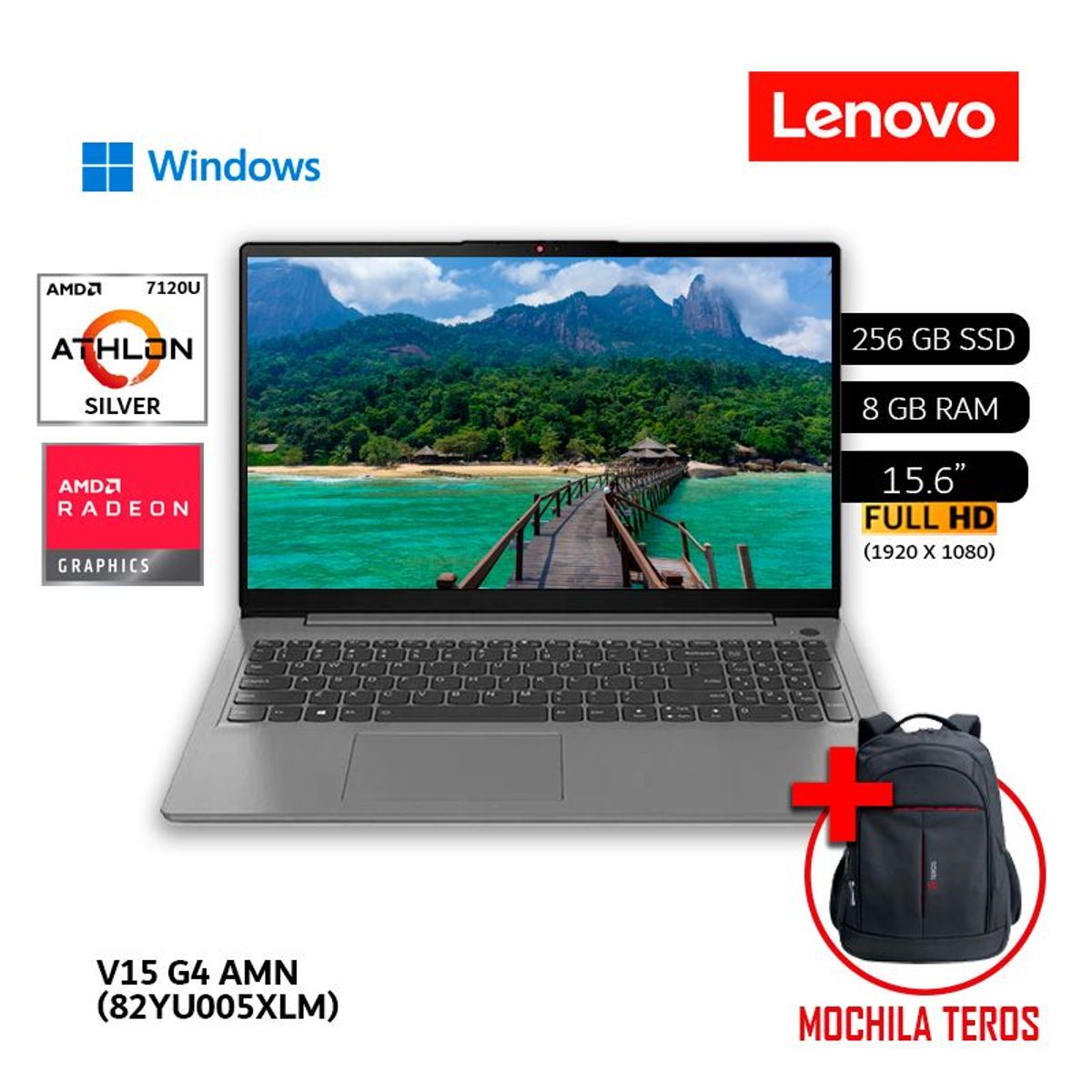 LENOVO - Laptop Lenovo Athlon Silver 7120U 8GB RAM 256GB SSD 156 FHD WIND 82YU00X5LM + Mochila Teros