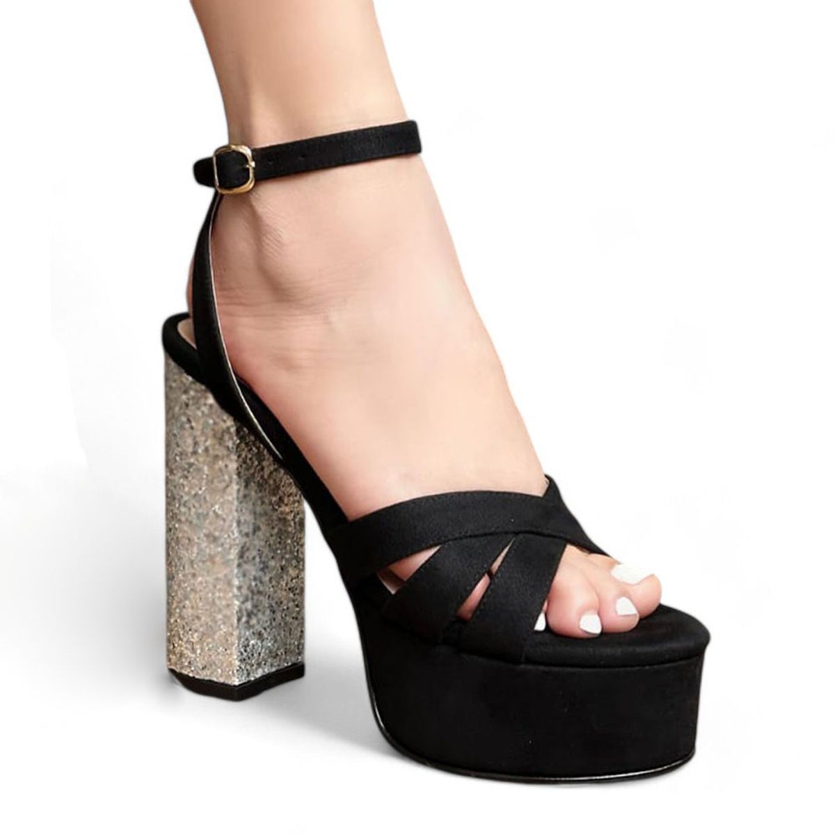 GENERICO - Sandalia Mujer Taco 12 Con Forma 9 Taco Brillo Glitter 2086L-80 Negro