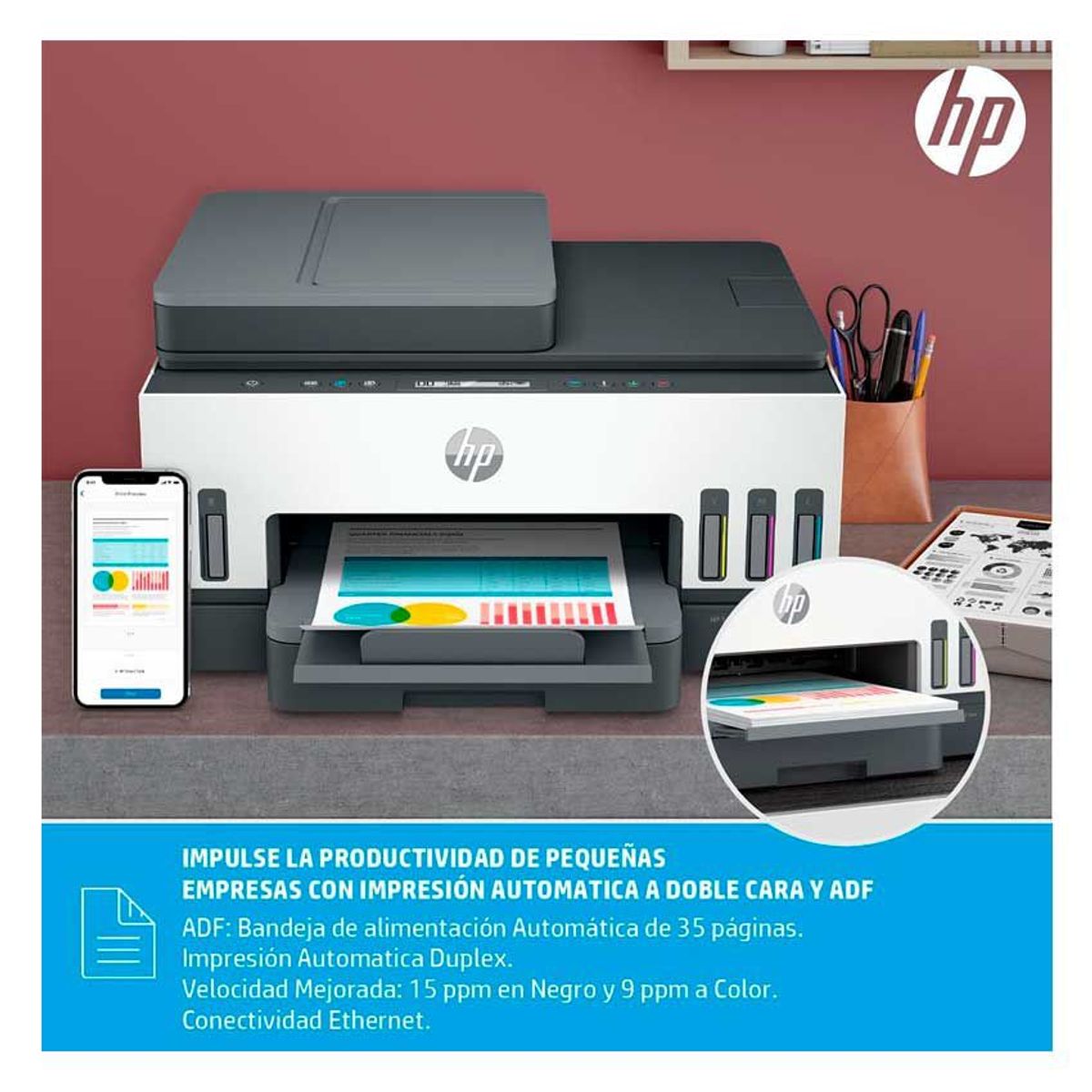 HP - Impresora HP Smart Tank 750 Multifuncional Dúplex Wi-Fi Bandeja ADF