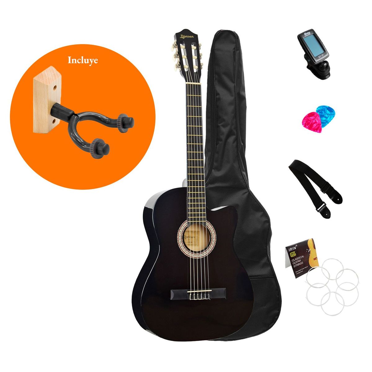 DJERSEN - Pack Guitarra Acústica Negra Djersen con Parante