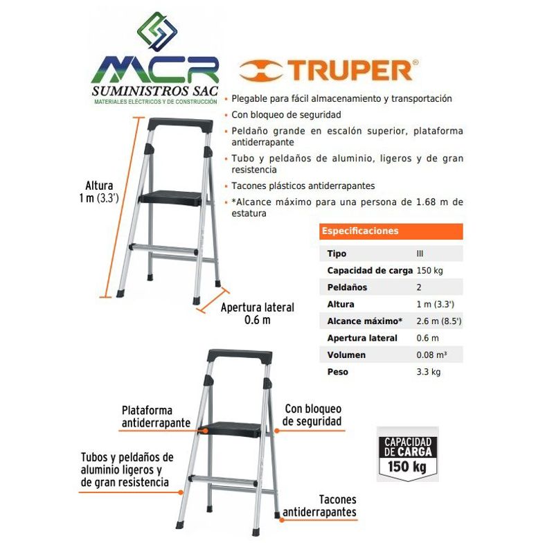 TRUPER - Escalera tubular plegable 2 pasos o peldaños de aluminio Truper