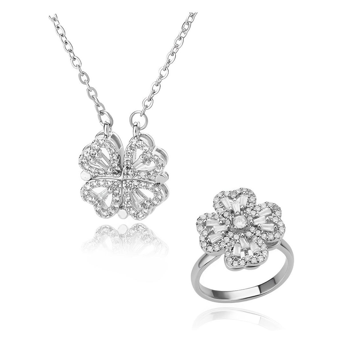 GENERICO - Set collar y anillo trébol 4 hojas convertible a corazón en acero