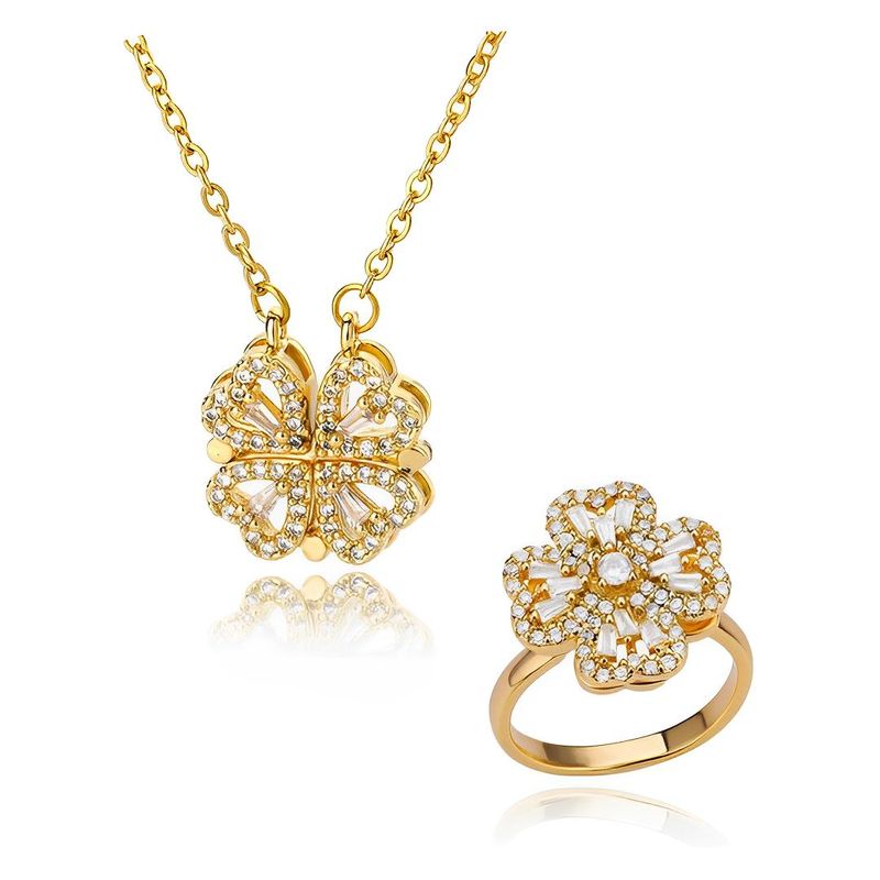 GENERICO - Set collar y anillo trébol 4 hojas convertible a corazón en acero