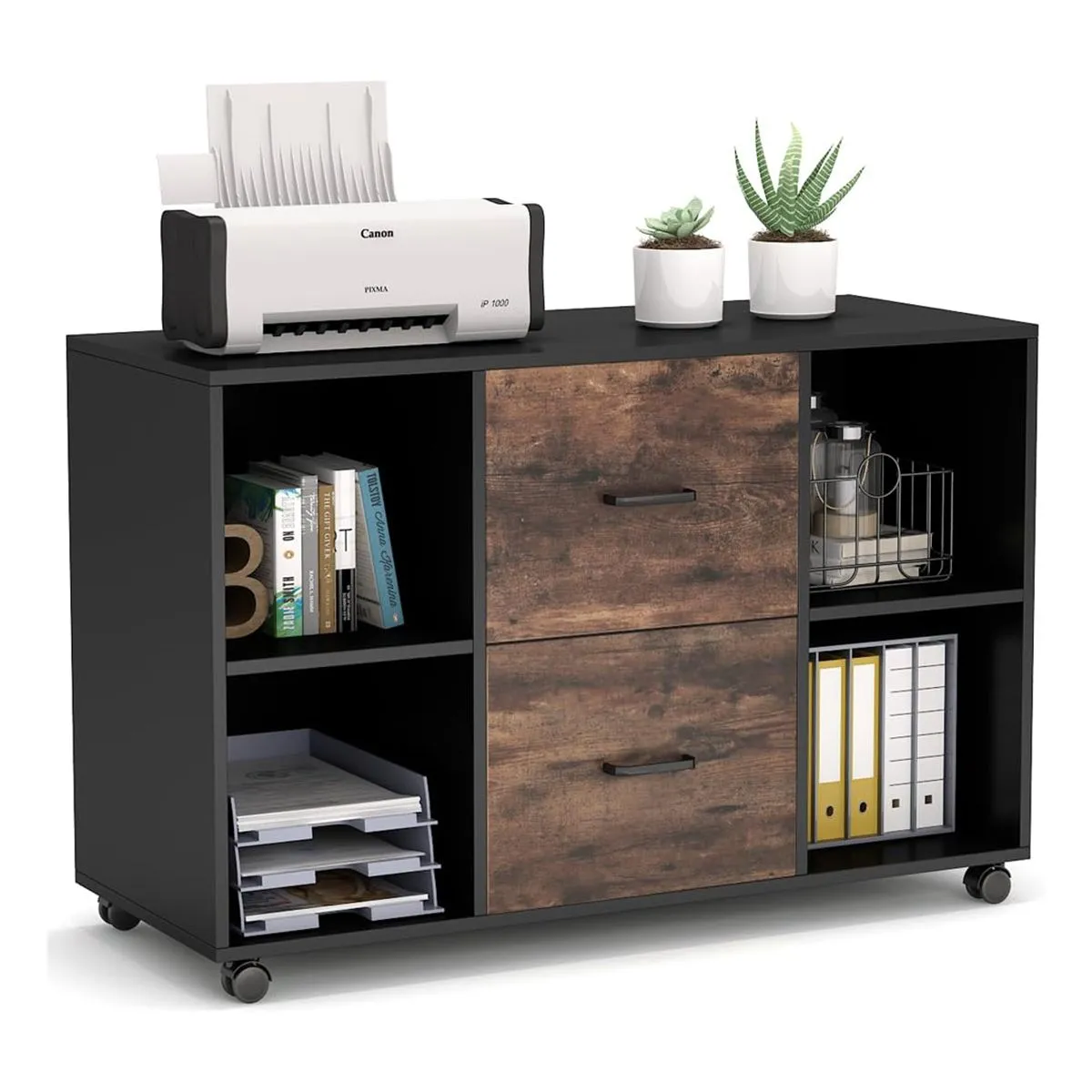 GENERICO - Archivador Alessandria Con Dos Cajones Color Negro y Caramelo