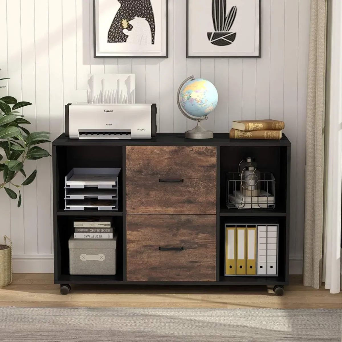 GENERICO - Archivador Alessandria Con Dos Cajones Color Negro y Caramelo