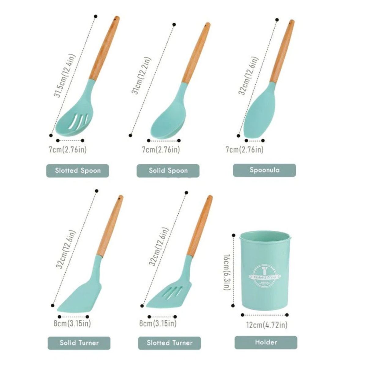 GENERICO - Set de Utensilios de Cocina de Silicona y Madera Antiadherente Verde