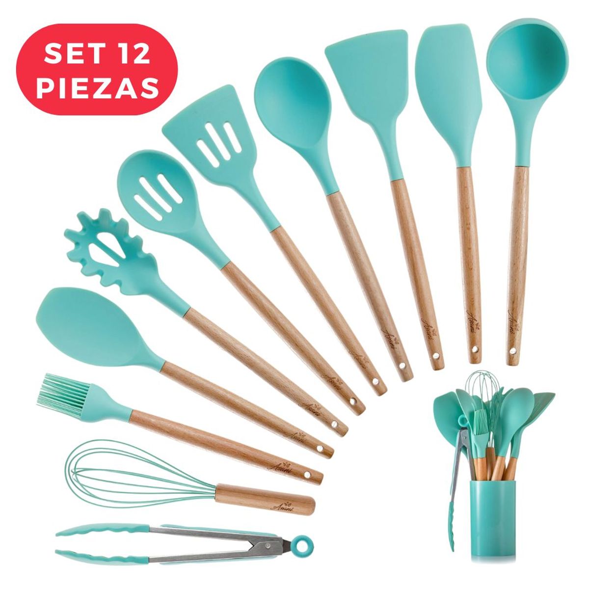 GENERICO - Pack de 12 Utensilios de Cocina de Silicona Antiadherente Verde