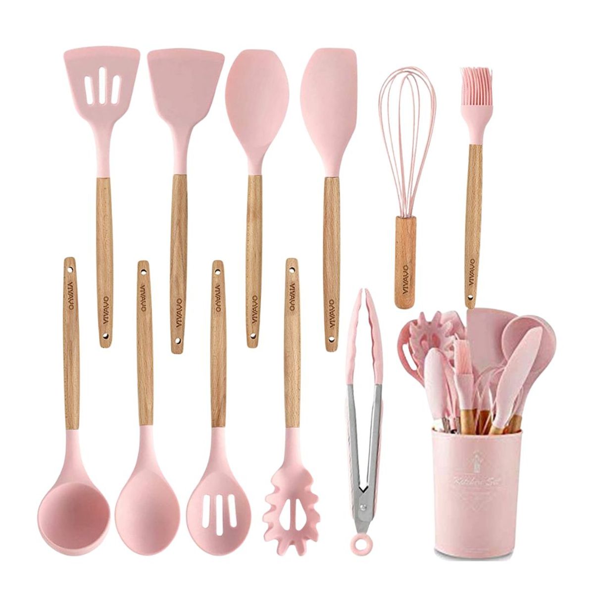 GENERICO - Set de Utensilios de Cocina de Silicona y Madera Antiadherente Rosa