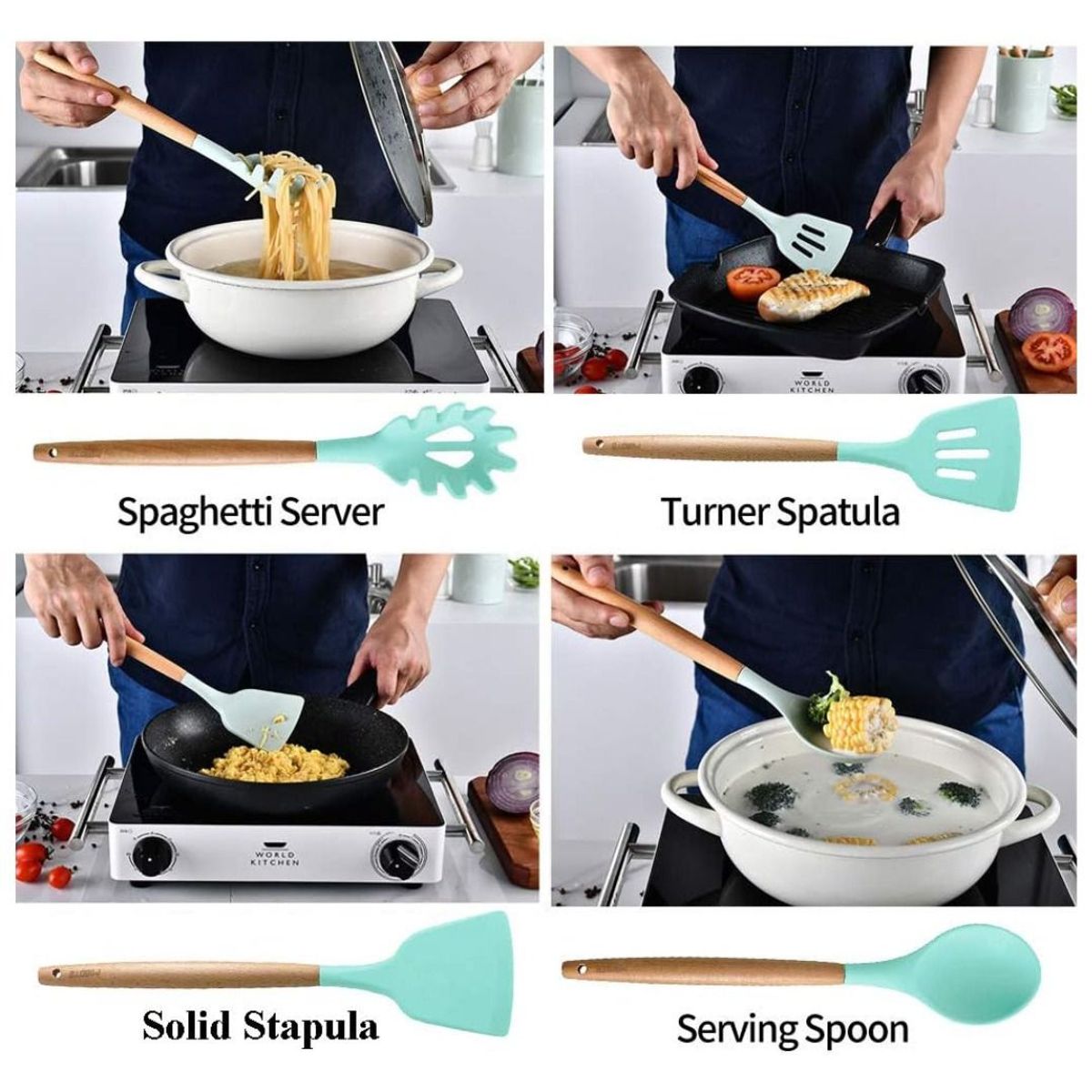 OEM - Set 12 Piezas de Utensilios de Silicona Verde