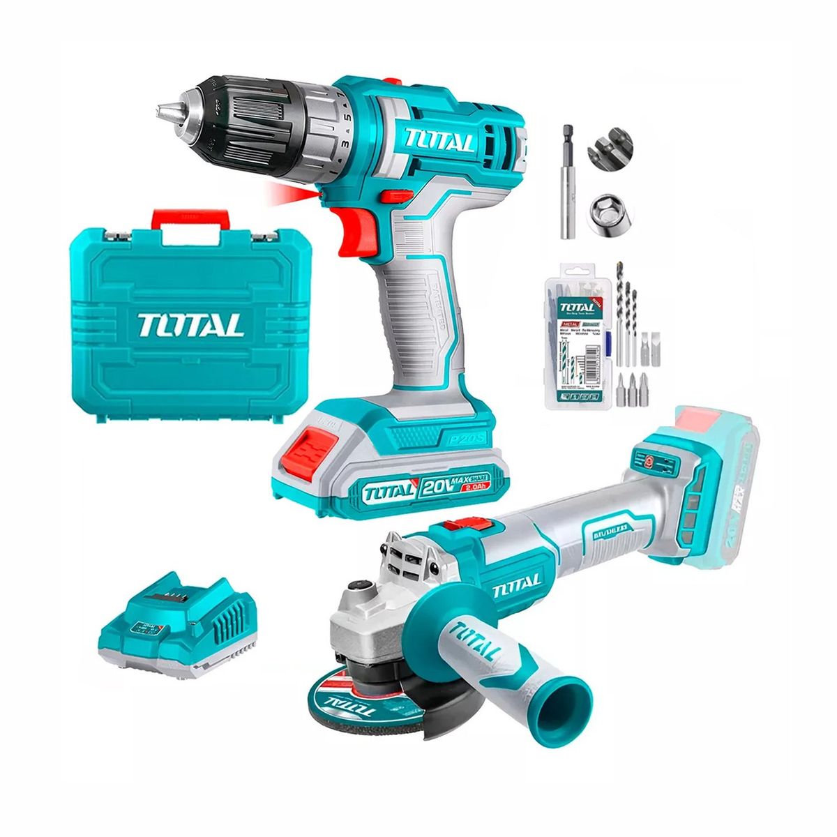 TOTAL TOOLS - TALADRO ATORNILLADOR 38 Y AMOLADORA BRUSHLESS TOTAL