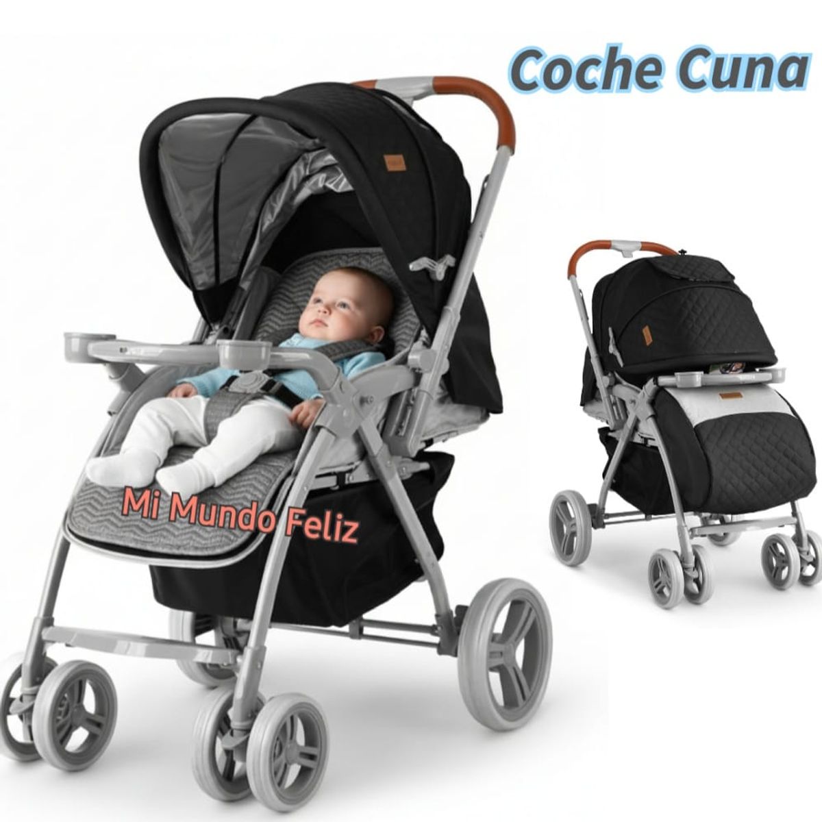 BABY HAPPY - Coche Cuna para bebe LLanta Alta Mango forrado Barza Black