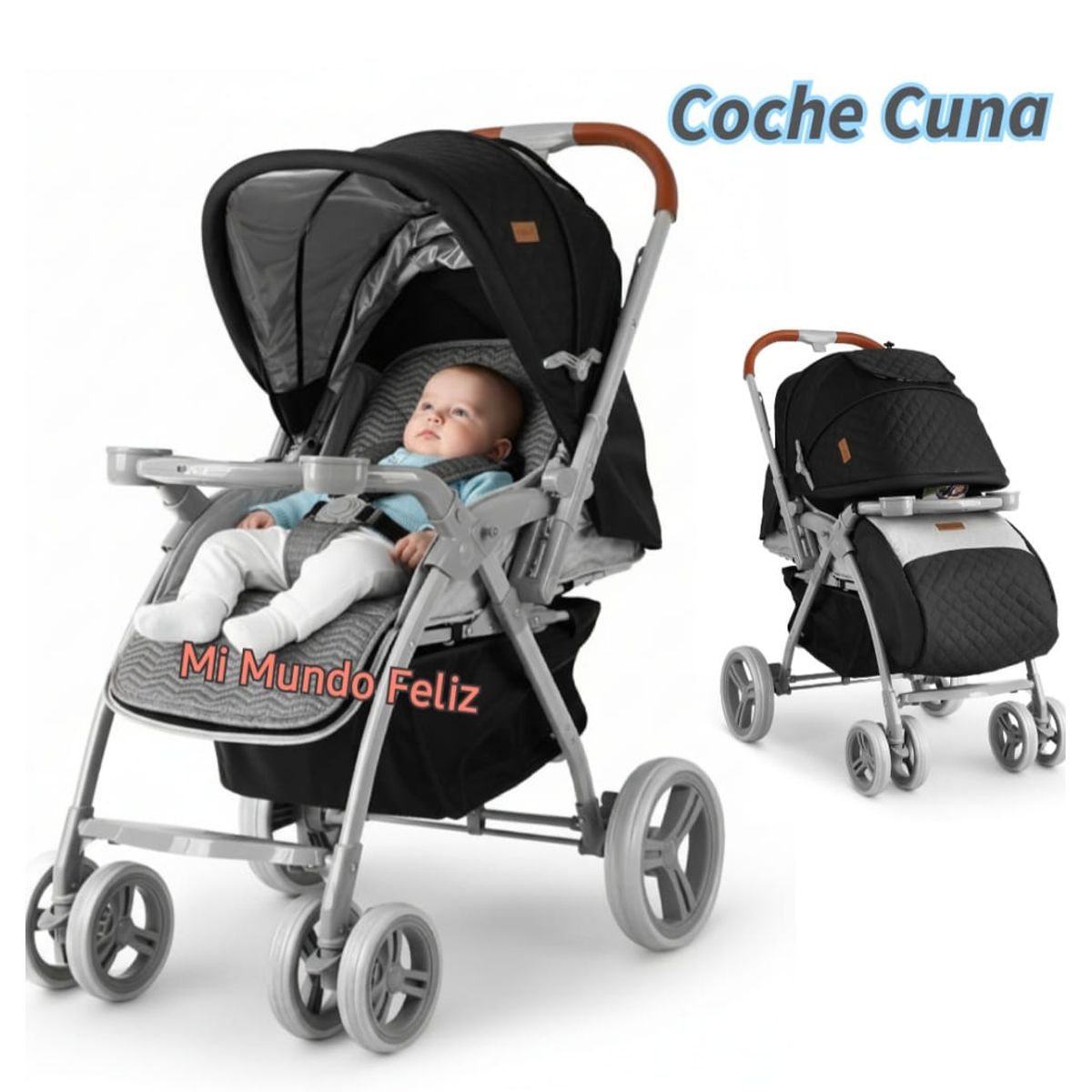 BABY HAPPY - Coche Cuna para bebe LLanta Alta Mango forrado Barza Black