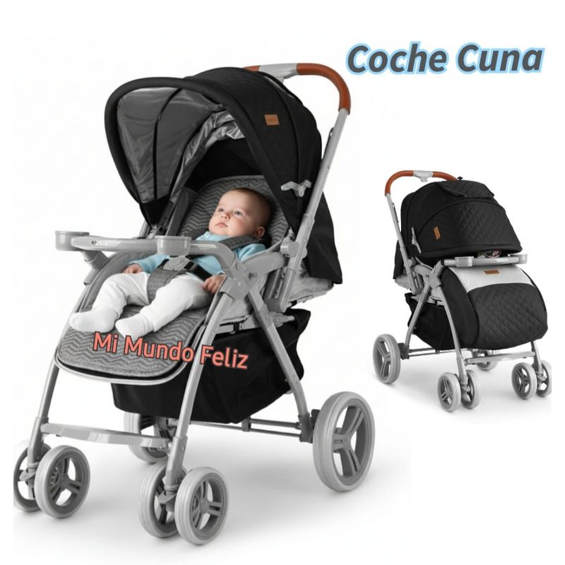 BABY HAPPY - Coche Cuna para bebe LLanta Alta Mango forrado Barza Black
