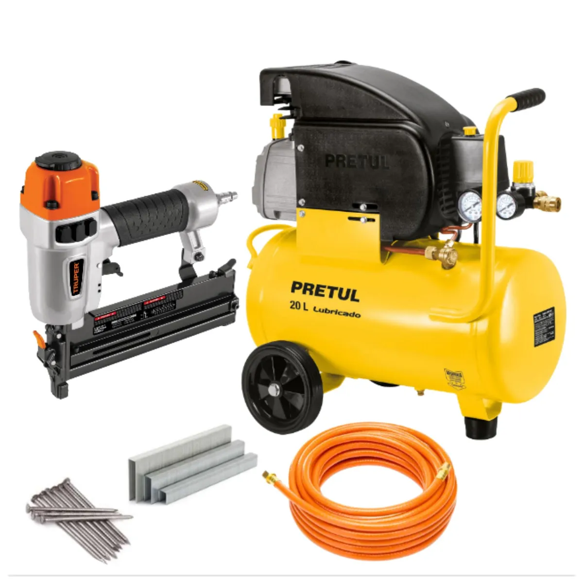 TRUPER - Kit Clavadora y engrapadora compresor de aire 20L manguera