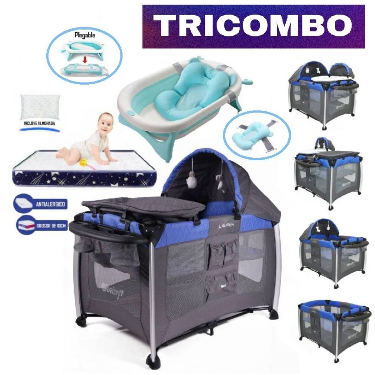 EBABY - Cuna Corral Lauren Azul y Colchón Azul Marino y Tina Azul
