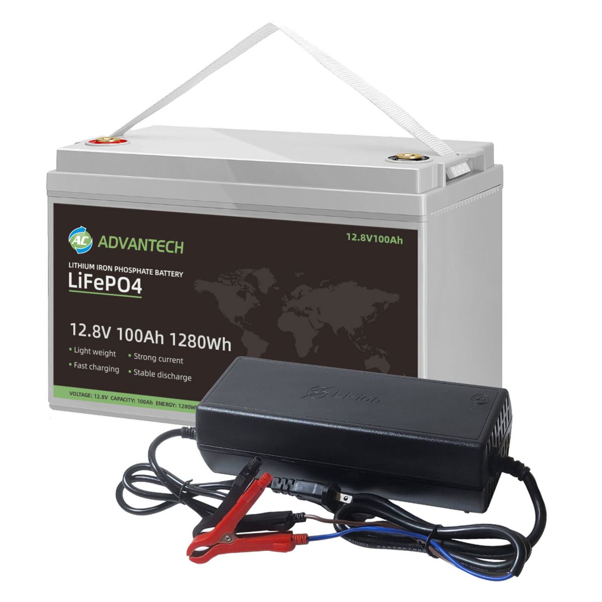 ADVANTECH - Batería Lifepo4 12V 100Ah con BMS incluye Cargador 14-6V 30A