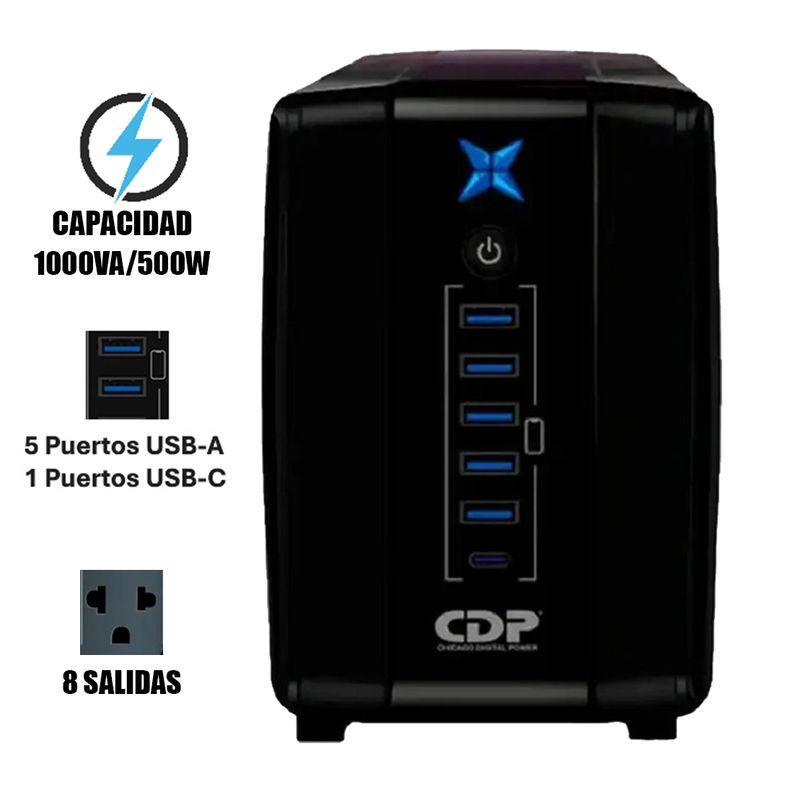 CDP - ESTABILIZADOR UPS CDP R-UPR1008I 1000VA/500W AUTONOMIA 40 MIN BLACK