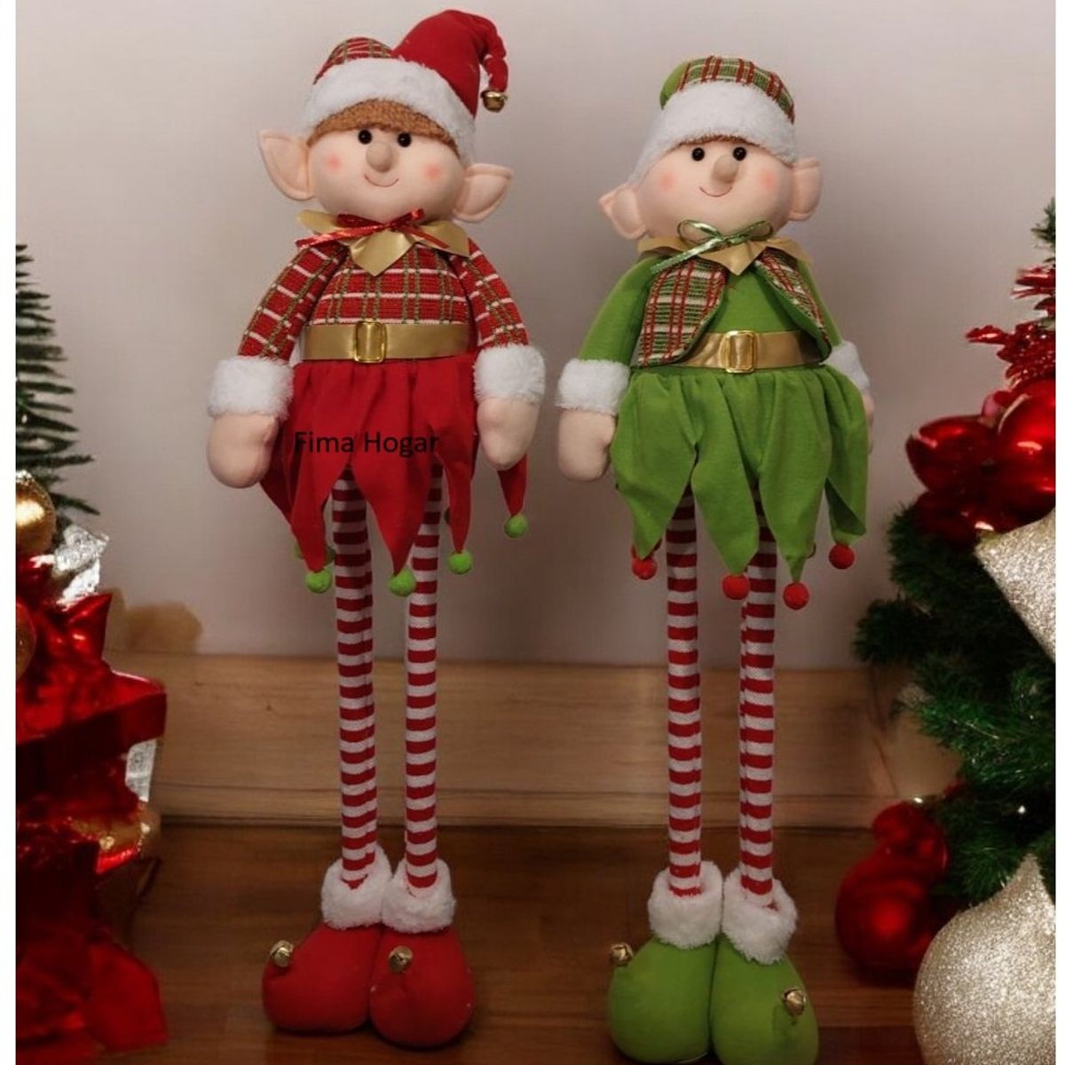 GENERICO - Set 2 Muñecos duendes patilargas de navidad rojo y verde 80 cm