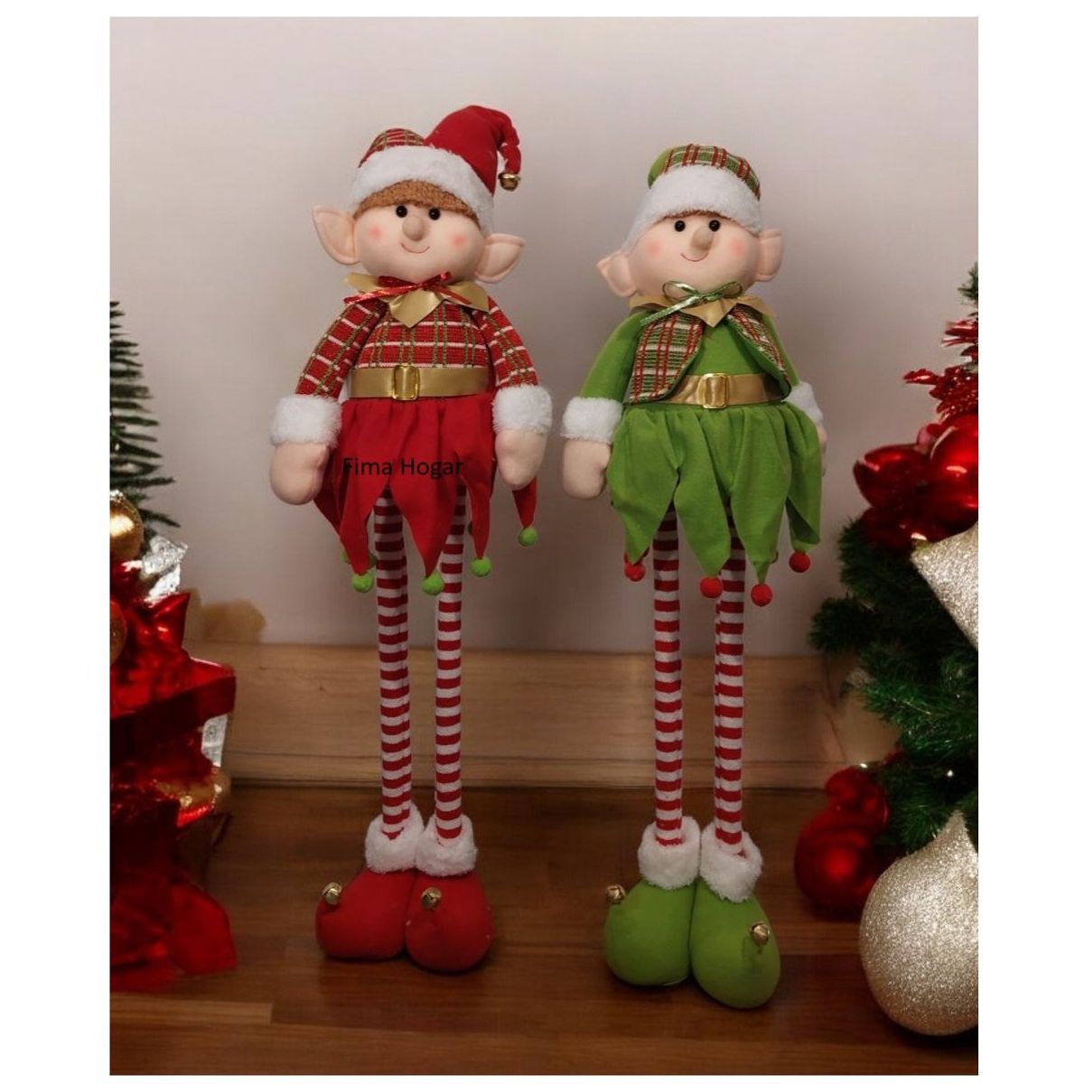 GENERICO - Set 2 Muñecos duendes patilargas de navidad rojo y verde 80 cm