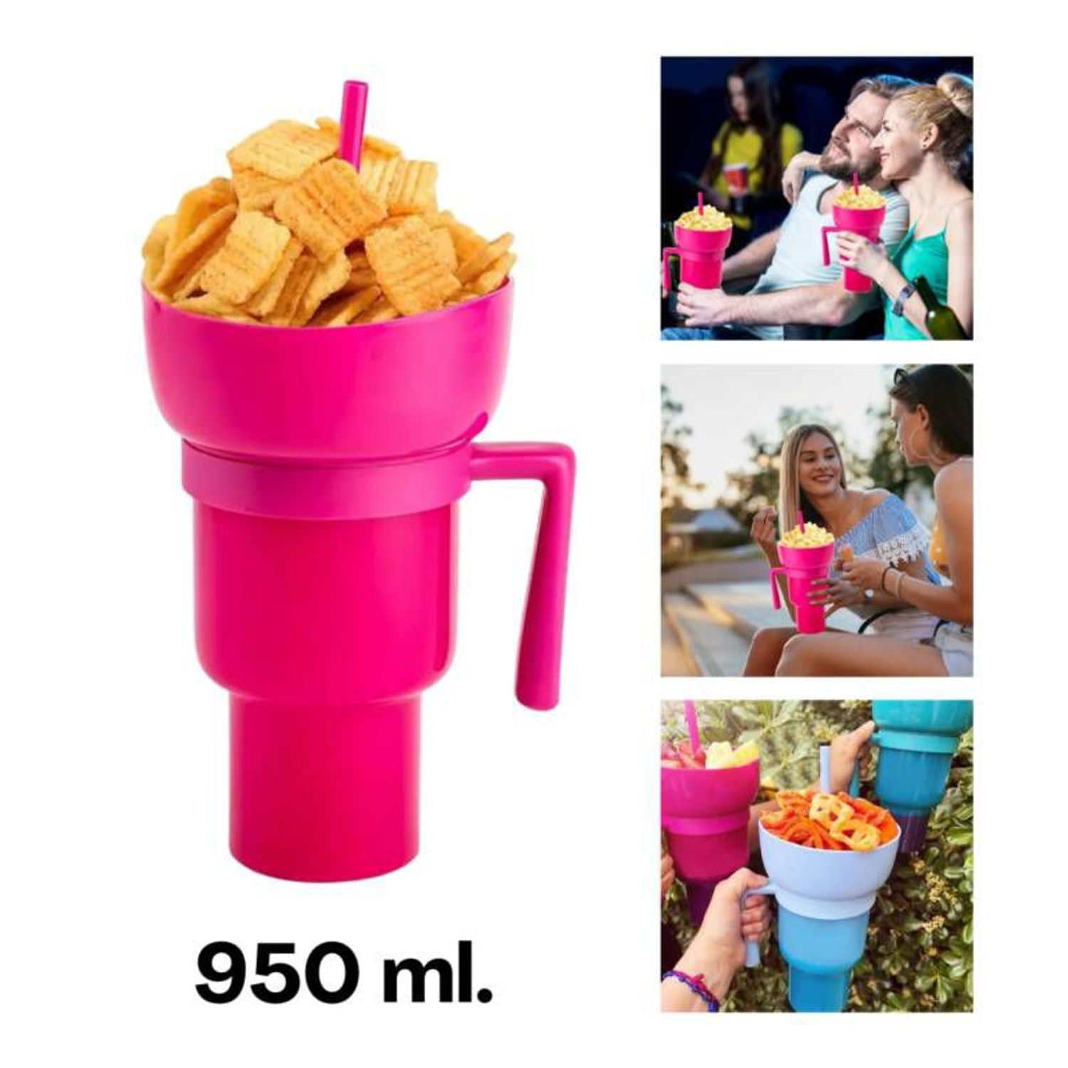 Vaso 2 En 1 para Bebidas y Snacks Botanero 950 Ml Cambia De Color
