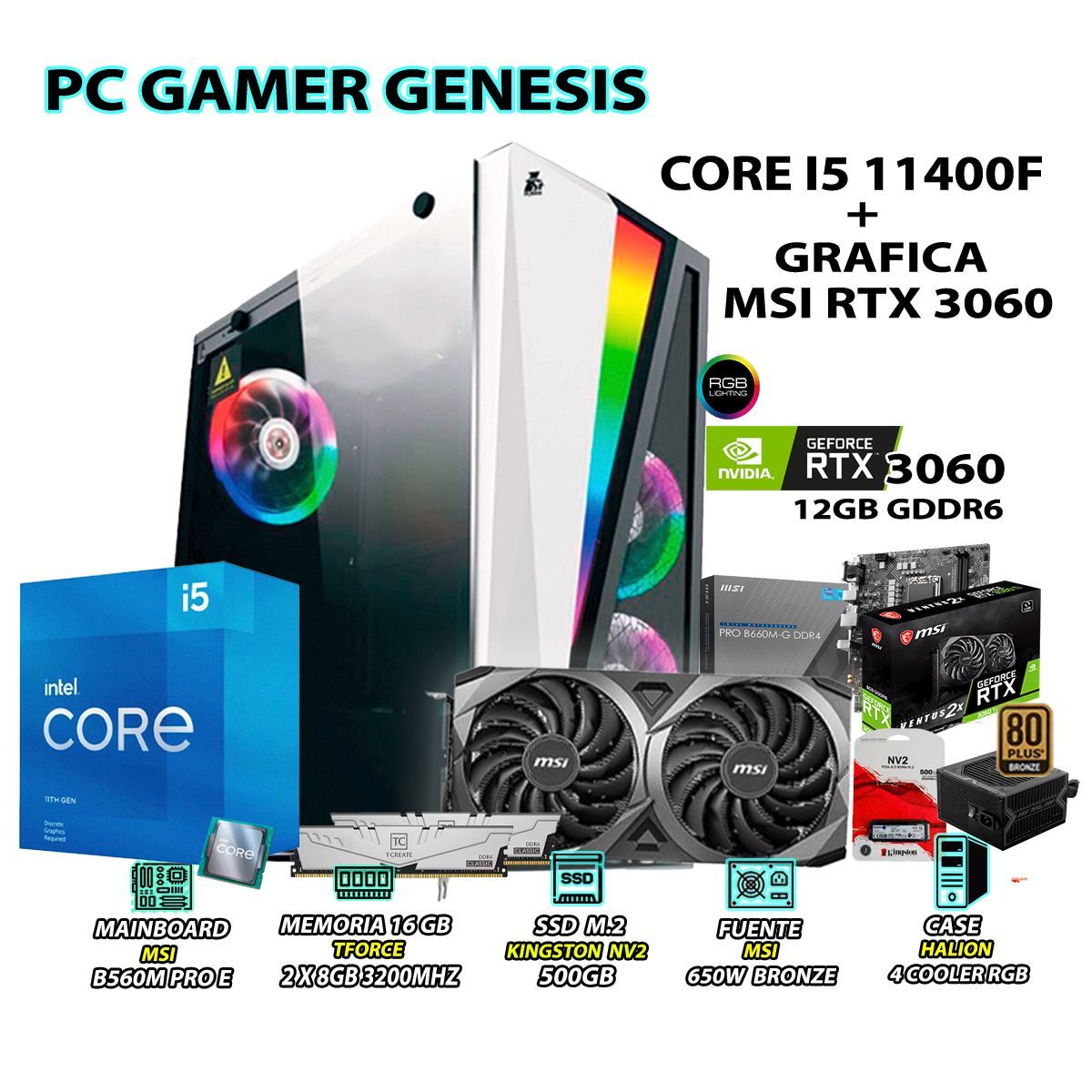 INTEL - Computadora Gamer Genesis Core i5 11400F RAM 16GB SSD 500GB RTX 3060 12GB