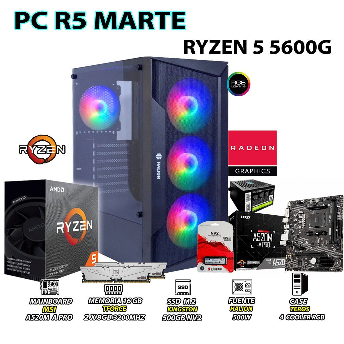 AMD - Computadora PC Ryzen 5 5600G RAM 16GB DISCO 500GB SSD CON GRAFICOS AMD RADEON