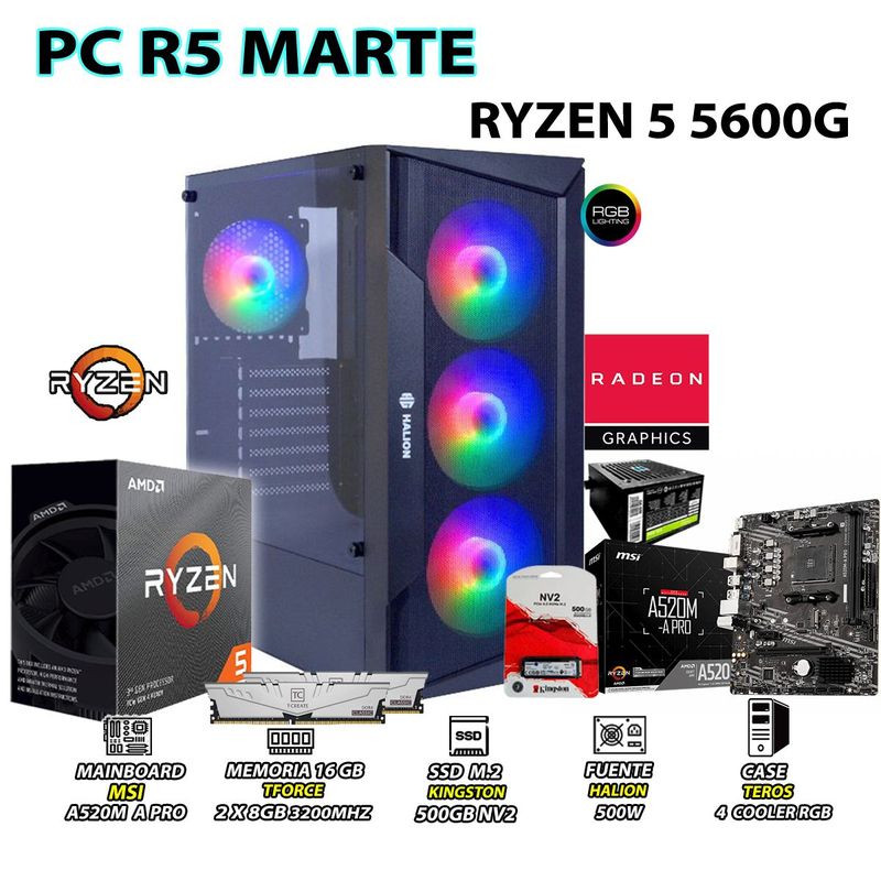 AMD - Computadora PC Ryzen 5 5600G RAM 16GB DISCO 500GB SSD CON GRAFICOS AMD RADEON
