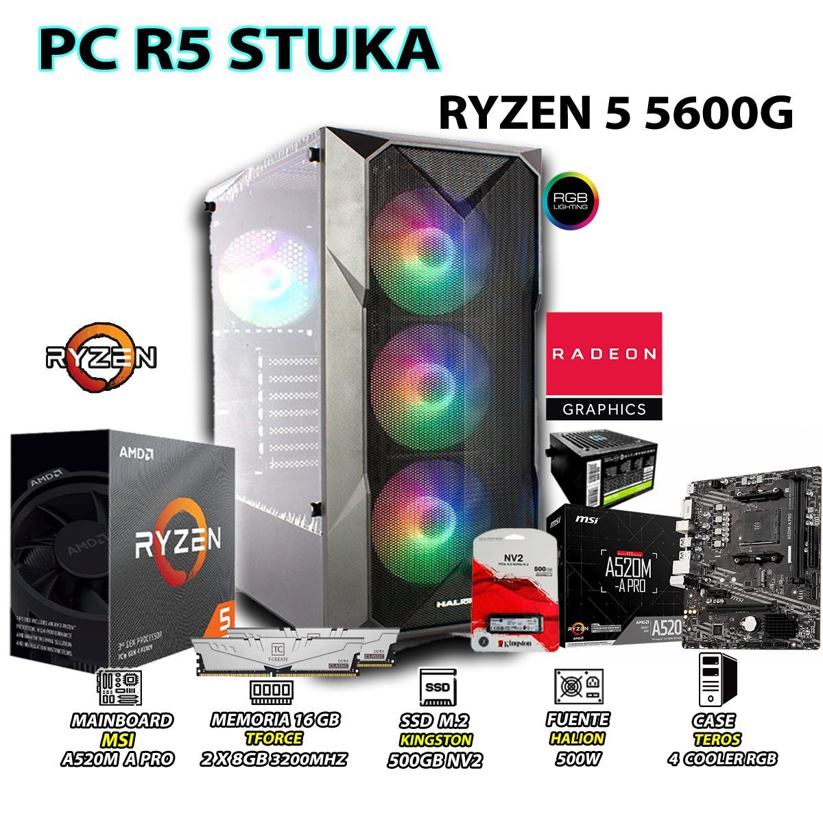 AMD - Computadora PC Ryzen 5 5600G RAM 16GB DISCO 500GB SSD CON GRAFICOS AMD RADEON