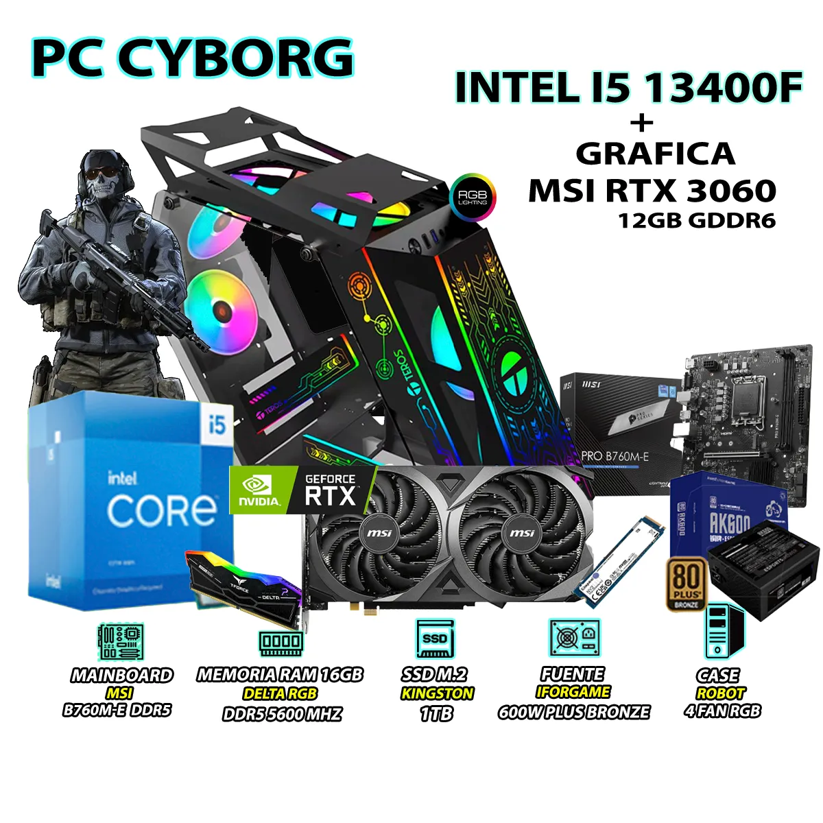 INTEL - Computadora Gamer Strike Core i5 13400F RAM DDR5 16GB SSD 1TB RTX 3060 12GB